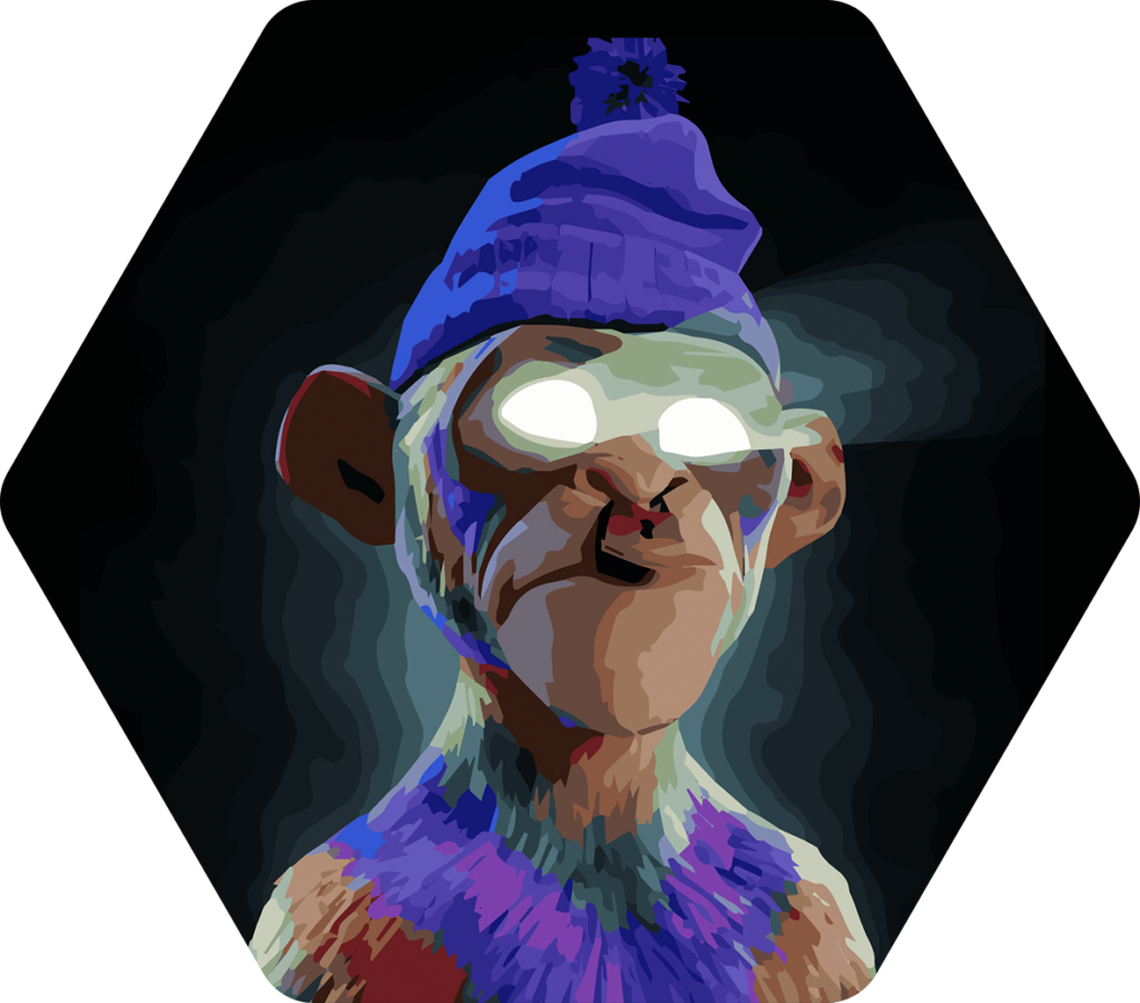 Abstract illustration of a humanoid figure with glowing eyes, wearing a blue winter hat. The style is colorful and textured, with a surreal and mystical atmosphere against a dark background.