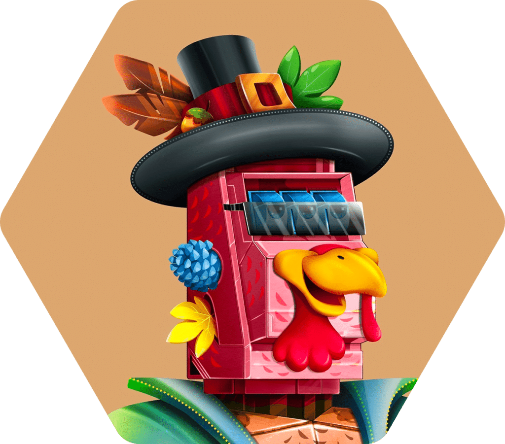 A whimsical character with a colorful, robotic turkey face, wearing a tall black hat adorned with autumn leaves and feathers, and a vibrant, patterned outfit. The background is a gradient of warm colors.