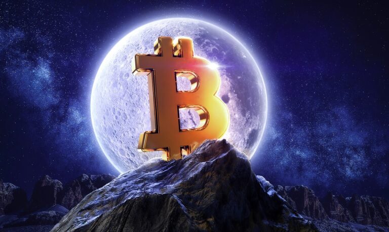 A large golden Bitcoin symbol stands atop a rocky mountain peak, illuminated by the full moon in the background. The scene is set against a starry night sky, creating a dramatic and powerful image.