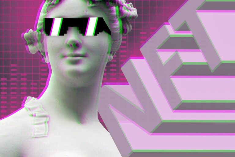 A classical statue wearing pixelated sunglasses is set against a pink grid background. The large, bold letters "NFT" appear in 3D on the right, adding a digital aesthetic to the composition.