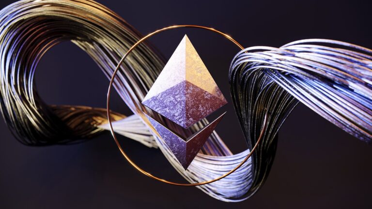 A 3D Ethereum logo floats in front of a swirling, shiny metallic ribbon. The background is dark, highlighting the logo's complex, geometric design and the ring encircling it. The colors are vibrant, with a mix of purples, blues, and gold.