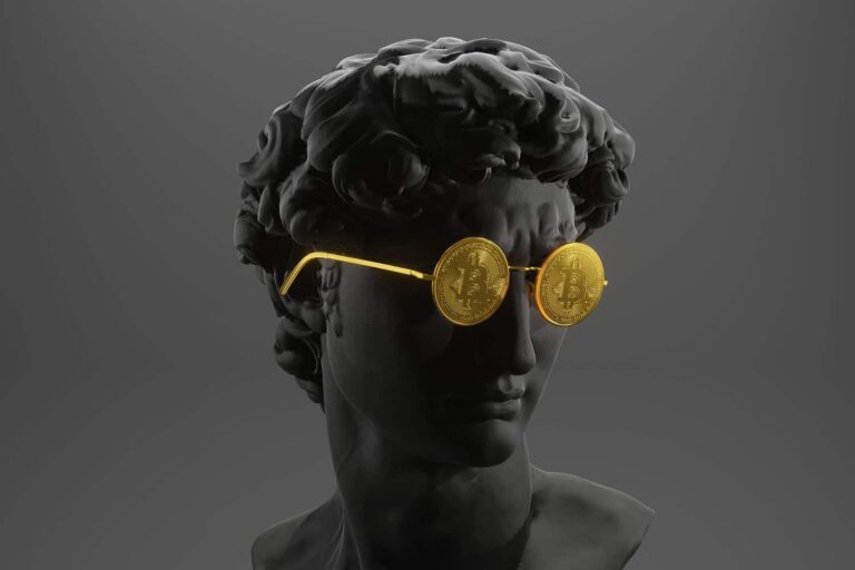 A classical marble statue head wearing modern sunglasses, with the lenses replaced by golden Bitcoin coins, set against a plain dark background.