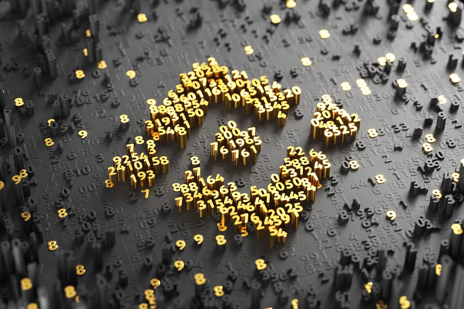 A 3D rendering of the Binance logo made up of small golden numbers on a dark textured surface. Surrounding the logo are numerous scattered golden and dark numbers, creating a contrasting digital mosaic effect.