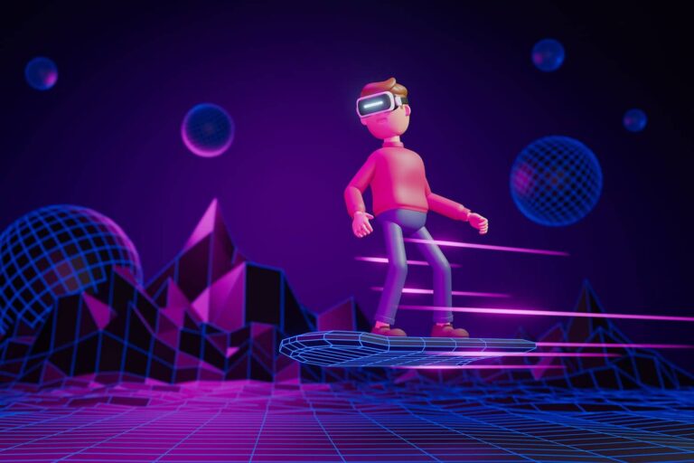 A 3D illustration of a person wearing a VR headset, standing on a hovering platform over a neon grid landscape. The scene includes futuristic mountains and floating spheres, all bathed in purple and pink light.