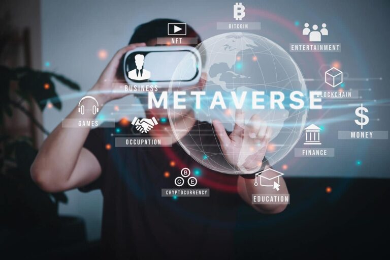 A person wearing a virtual reality headset interacts with a digital interface labeled "Metaverse," surrounded by icons for cryptocurrency, blockchain, finance, education, gaming, and more, representing various digital domains.