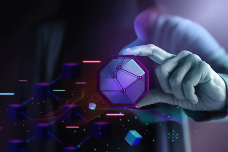 A person holds a futuristic, glowing octagonal object in their hand. Surrounding the object are digital, floating cubes and light streaks, creating a high-tech, virtual atmosphere. The color scheme is purple and blue.