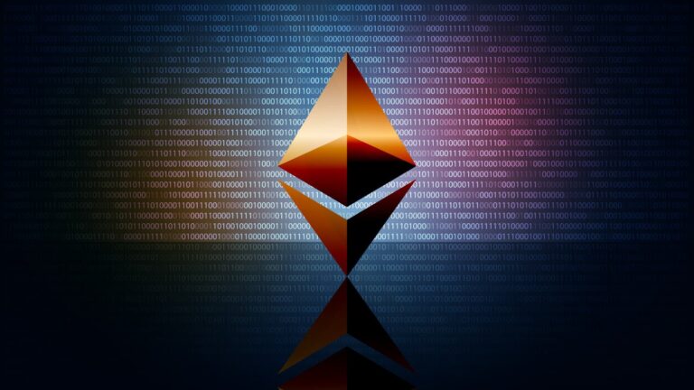 A stylized Ethereum logo glows with a gradient of orange and purple hues against a digital background of binary code. The logo is reflected on the surface below, creating a mirrored effect.