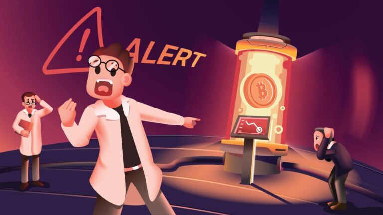 Cartoon scene of three scientists in a lab reacting to a Bitcoin alert. One is pointing at a glowing Bitcoin display with an exclamation mark, another is observing, and the third is covering their ears in distress.