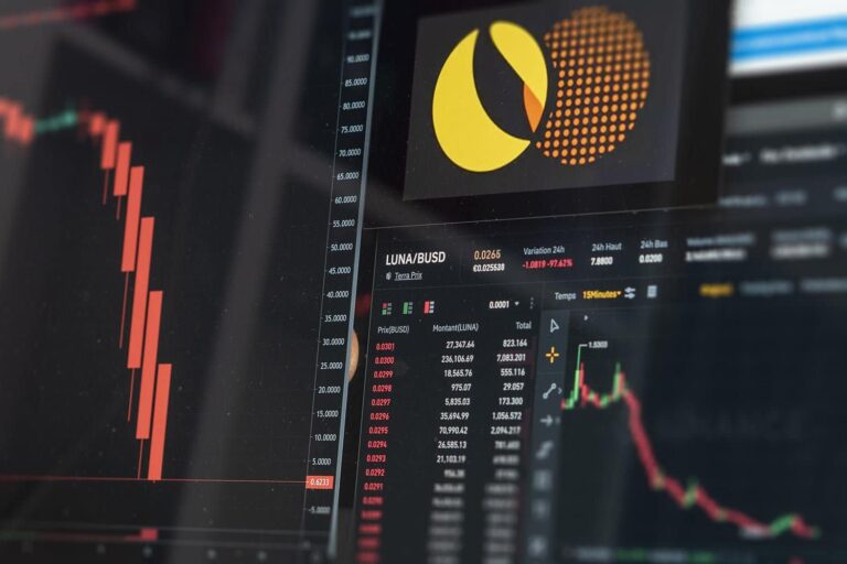 A computer screen displaying a cryptocurrency trading platform with a declining market chart and trading data for LUNA/BUSD. The screen shows candlestick charts, graphs, and a logo with black and yellow circles.