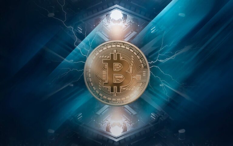 A shining Bitcoin coin sits at the center of the image, surrounded by abstract blue and black geometric shapes with faint electric sparks, symbolizing digital currency and technology.