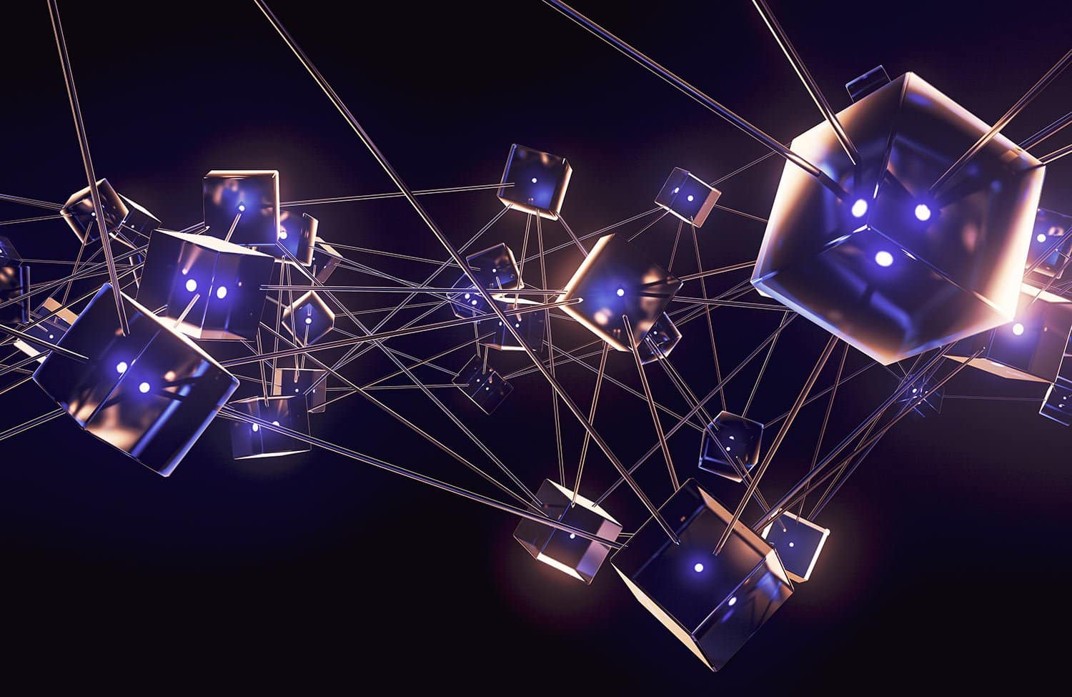 A digital illustration of interconnected glowing cubes linked by thin lines, set against a dark background, creating a network or blockchain-like design with a futuristic appearance.