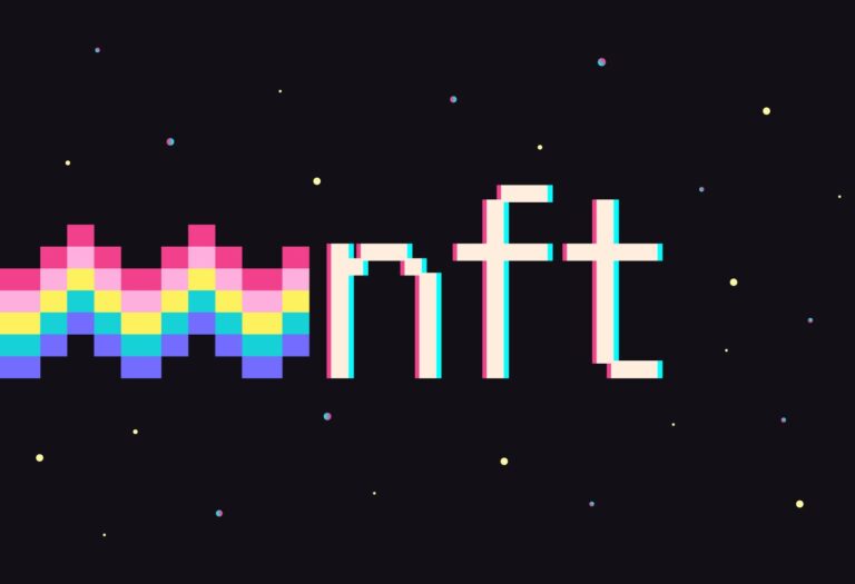 The image features the word "nft" in pixelated, colorful text on a black background with small stars. The "n" includes vertical rainbow stripes, adding a vibrant touch to the digital design.