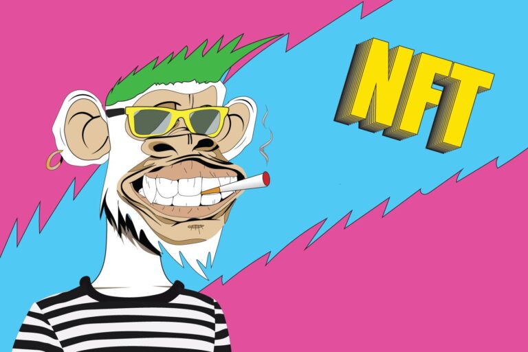 A cartoon illustration of a grinning monkey with green hair, wearing sunglasses and smoking a cigarette. The background is pink and blue with the letters "NFT" in bold, yellow 3D-style text. The monkey wears a black and white striped shirt.