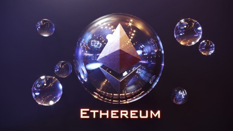 A digital artwork featuring a large 3D Ethereum logo inside a transparent bubble, surrounded by smaller bubbles with a glowing, futuristic cityscape reflected in them. The word "Ethereum" is illuminated at the bottom.