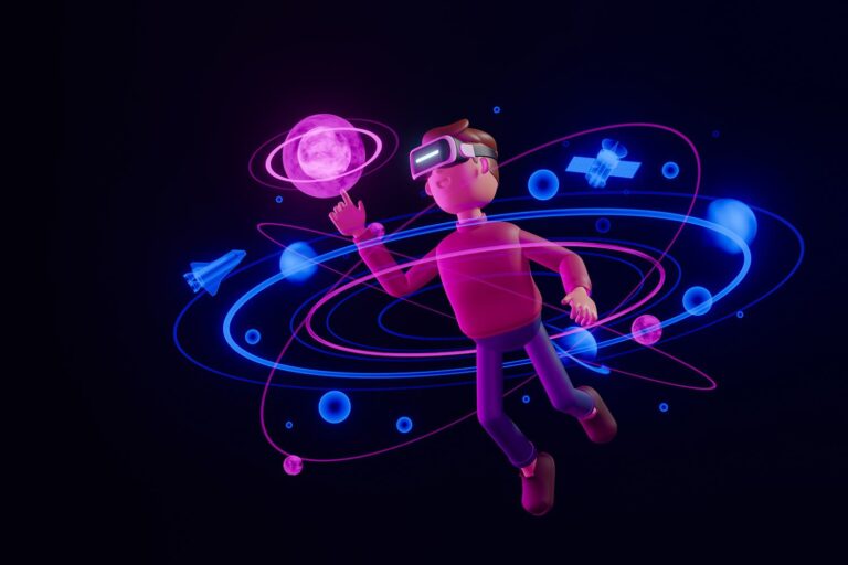 A 3D illustration of a person wearing virtual reality goggles, floating in space with glowing orbits and planets around them in pink and blue hues. They're interacting with a virtual sphere using their finger.