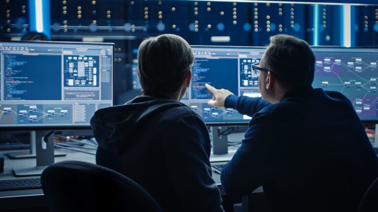 Two people are sitting at a desk in front of multiple computer monitors displaying complex code and diagrams. One person is pointing at the screen, suggesting a collaborative work or troubleshooting setting in a dimly lit office environment.