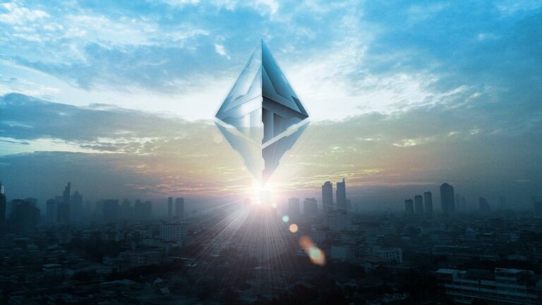 A futuristic city skyline is illuminated by a giant floating Ethereum logo with beams of light radiating from it, set against a dramatic sunset sky.