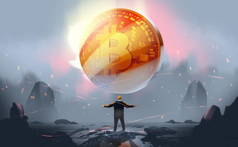 A person stands with arms outstretched beneath a giant, glowing Bitcoin symbol hovering in the sky. The background is stormy and dramatic, with dark clouds and a rugged landscape. Small sparks of light float around the scene.