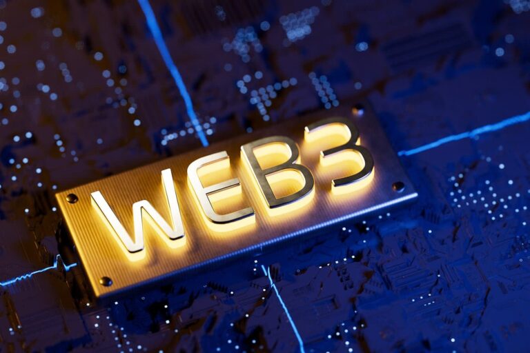 A glowing "WEB3" sign sits on a dark, circuit-like background, symbolizing modern digital technology and blockchain concepts.